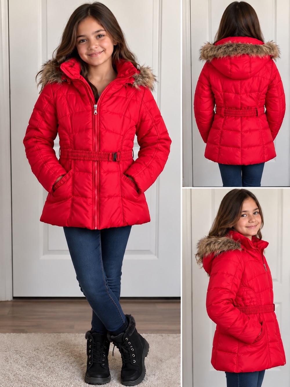 Children Rampage Red Puffer Jacket with Fur Trim Hood- XL
